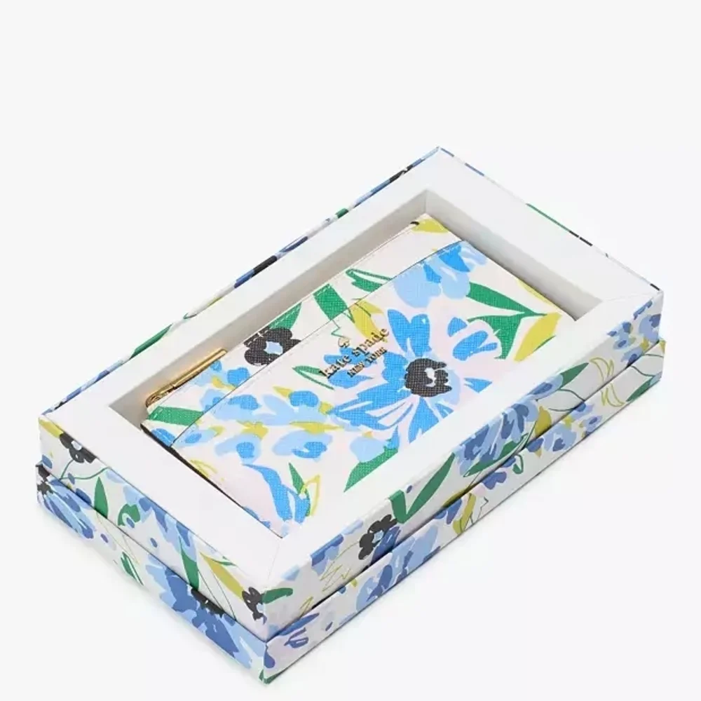 kate spade White Floral Zip Card Holder with Blue and Green Flowers